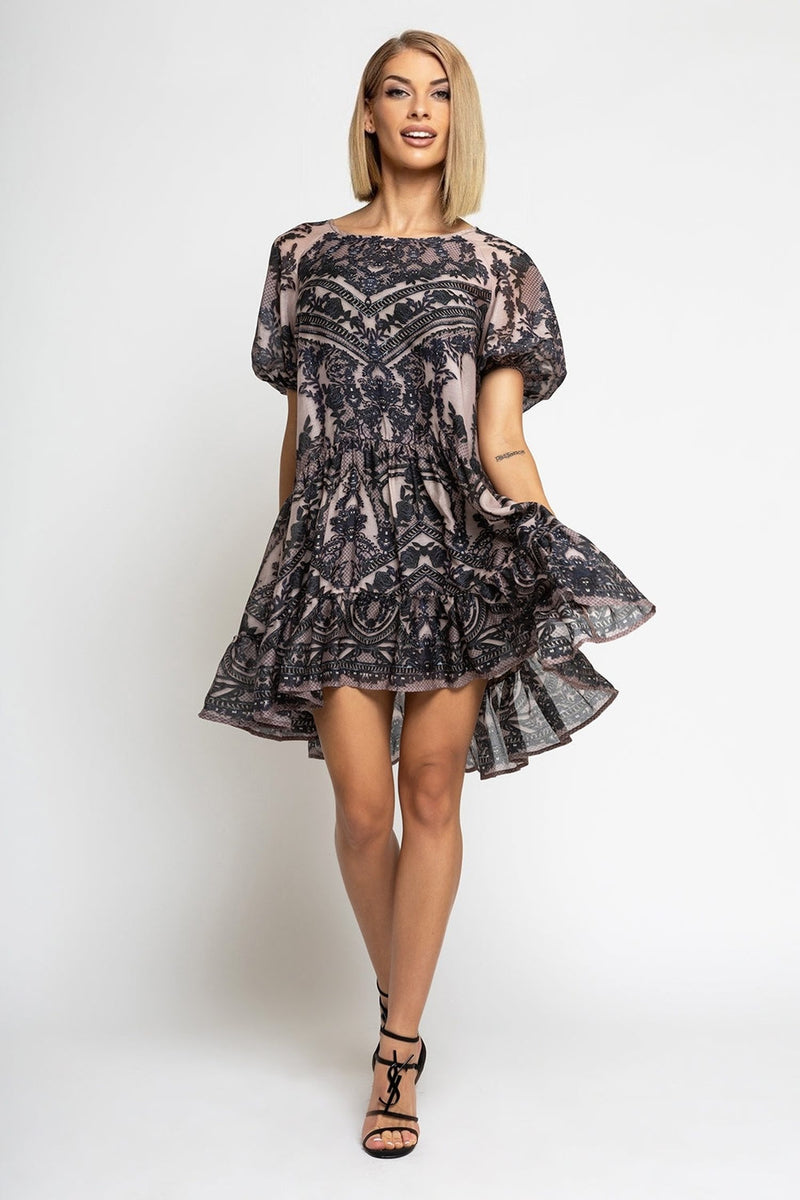 SILK VISCOSE DRESS WITH RUFFLE - GRAFFITI POWDER