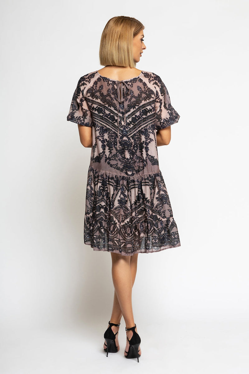 SILK VISCOSE DRESS WITH RUFFLE - GRAFFITI POWDER