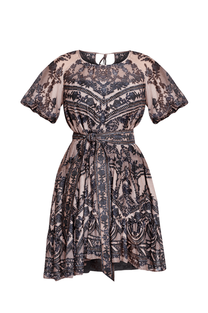 SILK VISCOSE DRESS WITH RUFFLE - GRAFFITI POWDER