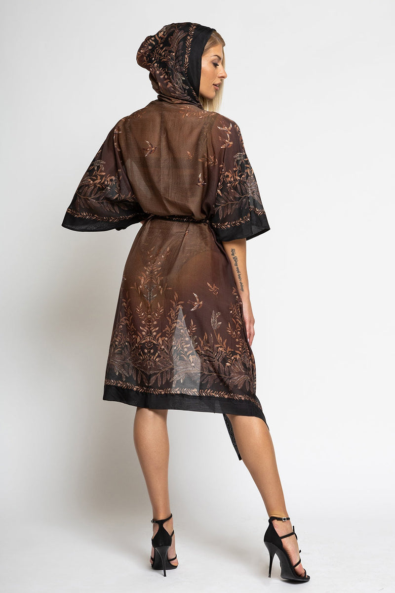 COTTON SILK KIMONO DRESS WITH HOOD - SECRET GARDEN