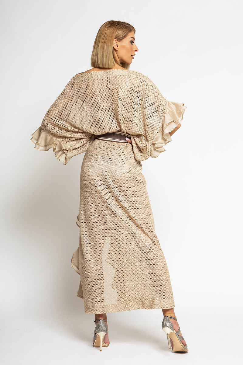 LONG COTTON MESH SKIRT WITH RUFFLES IN BEIGE – ESSENTIALS