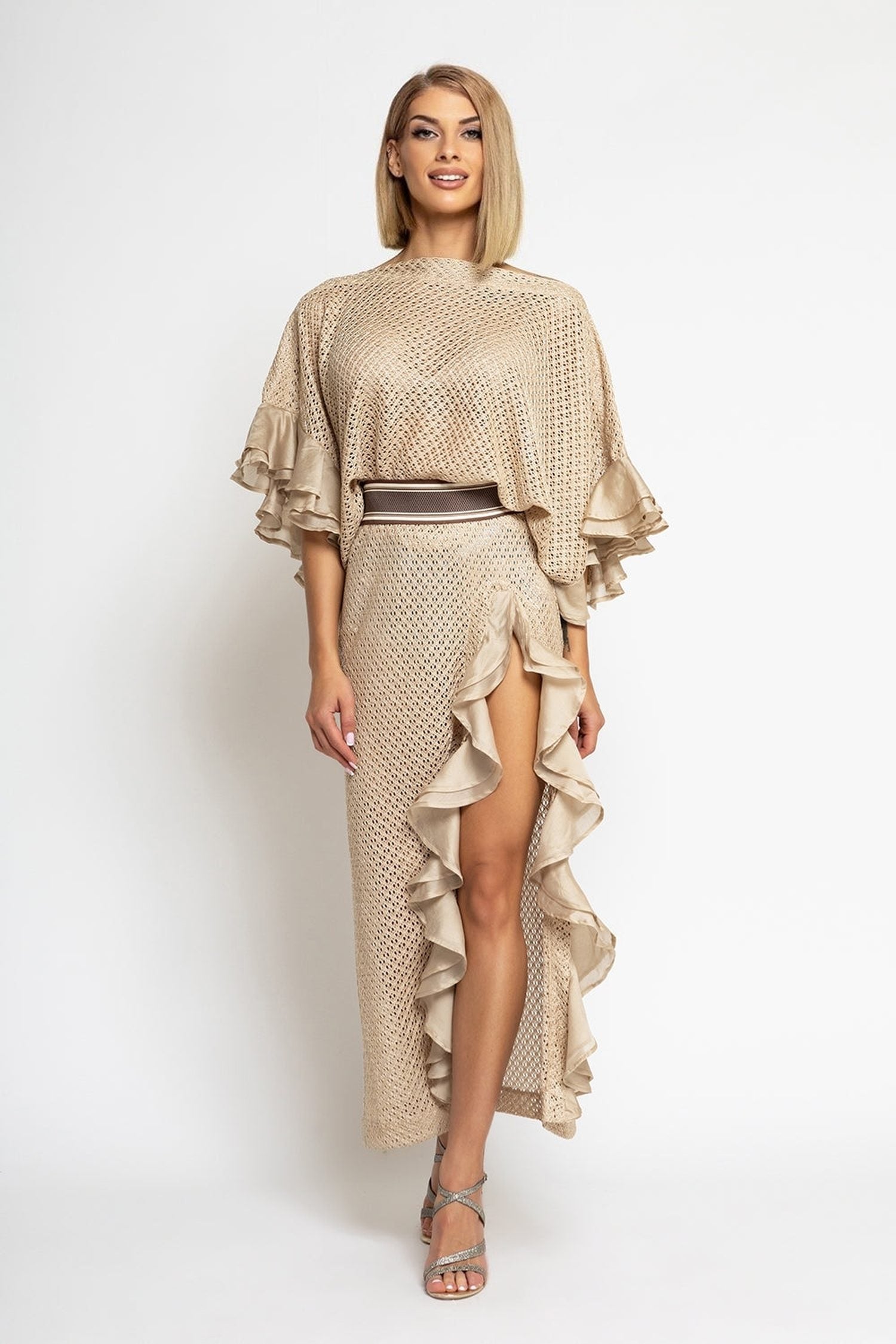 LONG COTTON MESH SKIRT WITH RUFFLES IN BEIGE – ESSENTIALS