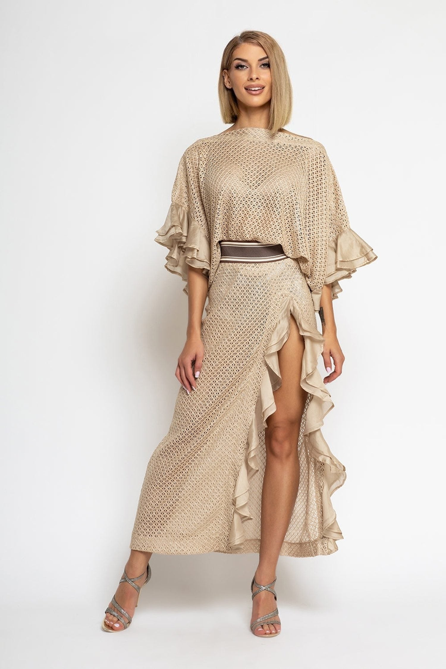 LONG COTTON MESH SKIRT WITH RUFFLES IN BEIGE – ESSENTIALS