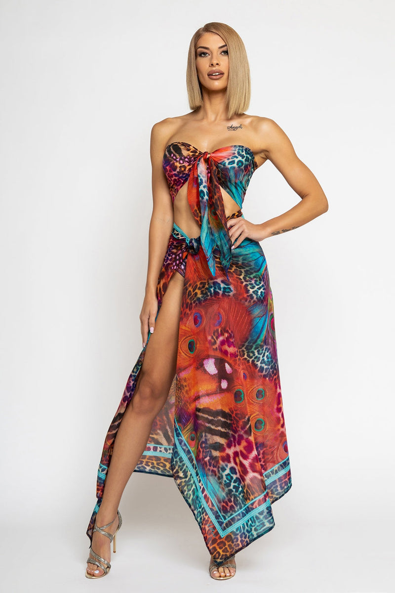 SILK AND COTTON PAREO AND SCARF SET - LEO NEON WILD JIORO СЕТ ПАРЕО И ШАЛ ОТ ПАМУК КОПРИН - LEO NEON JIORO