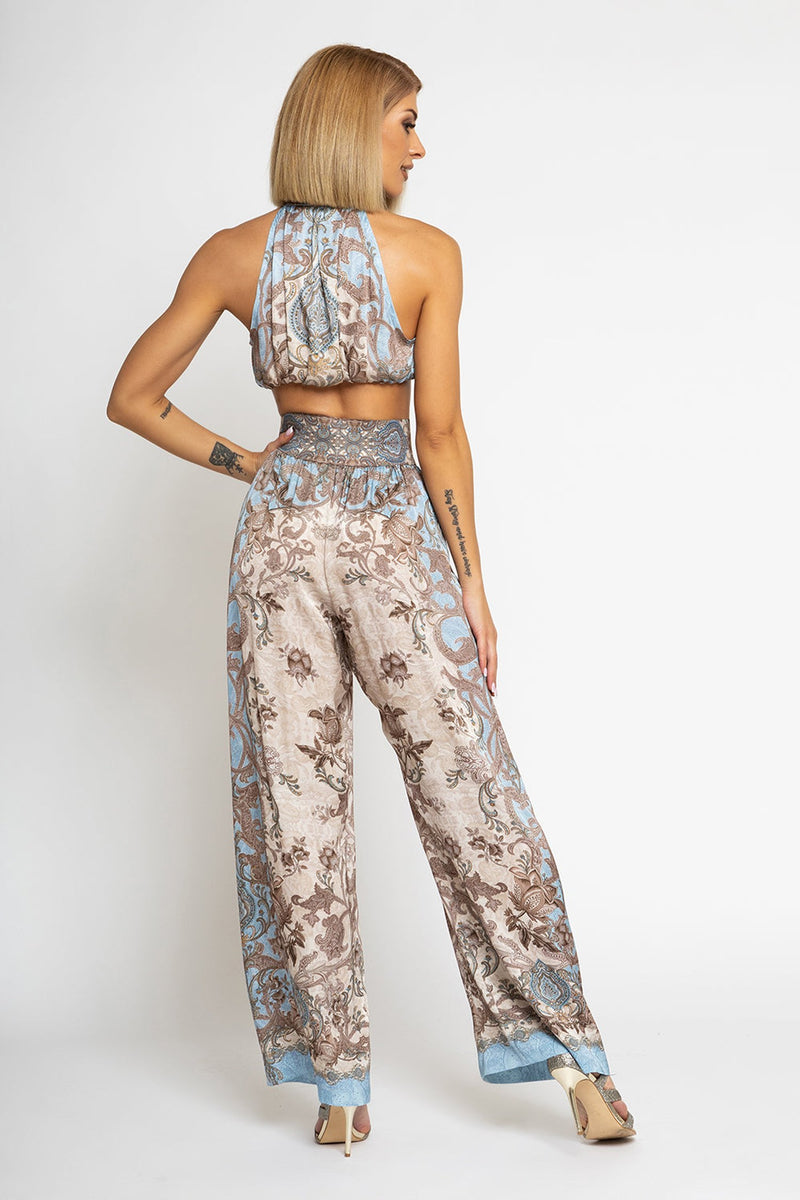 SATIN VISCOSE LOOSE FIT PANTS - PAISLEY SKY
