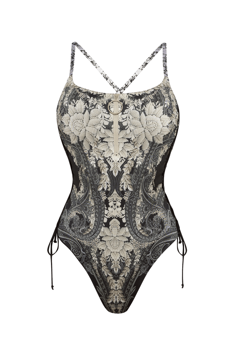 ONE-PIECE SWIMSUIT WITH ZIP AND SIDE TIES – FROZEN LOTUS