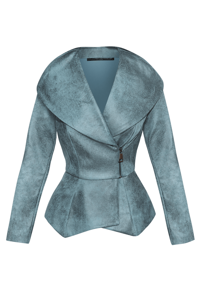 SUEDE-LOOK BLAZER WITH ASYMMETRICAL CLOSURE  IN BLUE - ESSENTIALS JIORO БЛЕЙЗЕР С ШАЛ ЯКА ОТ ВЕЛУР В АЗУРНО СИНЬО - ESSENTIALS JIORO