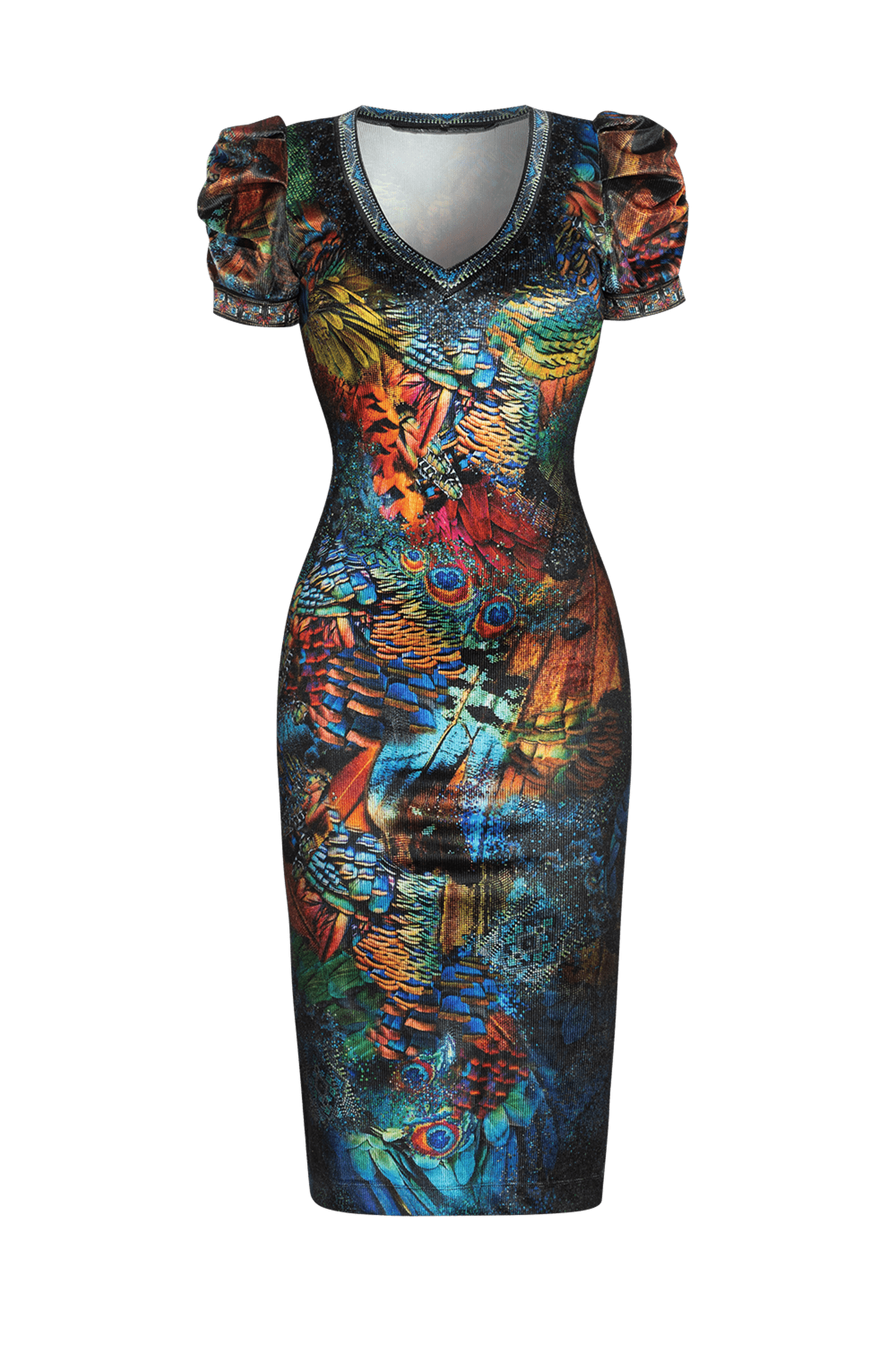 RIBBED VELVET DRESS WITH PUFF SLEEVES - AMAZONIA