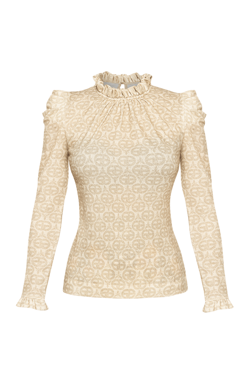 BLOUSE WITH GATHERED NECKLINE AND LOGO PRINT - IVORY LOGO COLLECTION JIORO БЛУЗА ОТ ФИНО ПЛЕТИВО - IVORY LOGO JIORO