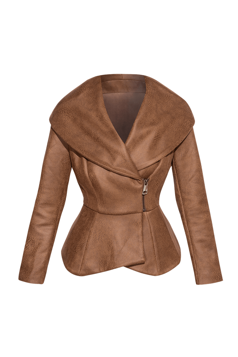 SUEDE-LOOK BLAZER WITH ASYMMETRICAL CLOSURE  IN BROWN- ESSENTIALS JIORO БЛЕЙЗЕР С ШАЛ ЯКА ОТ ВЕЛУР В КАФЯВО - ESSENTIALS JIORO