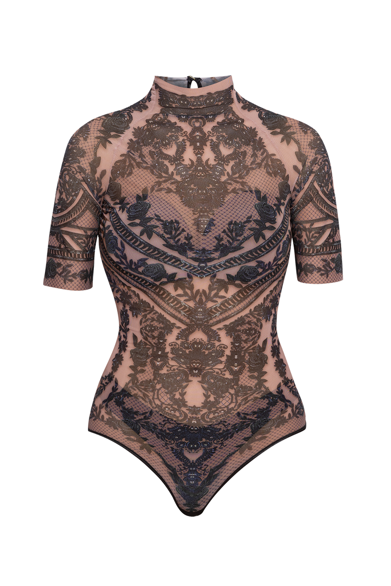 SHORT SLEEVE MESH BODYSUIT - GRAFFITI POWDER JIORO БОДИ С КЪС РЪКАВ ОТ МРЕЖА - GRAFFITI POWDER JIORO