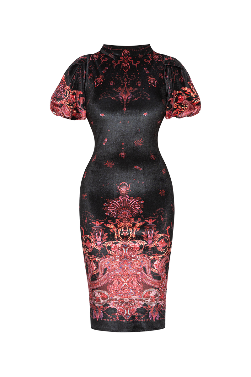 FITTED VELVET DRESS WITH HIGH NECK - PAISLEY DARK JIORO ВТАЛЕНА РОКЛЯ ОТ КАДИФЕ С ВИСОКА ЯКА - PAISLEY DARK JIORO