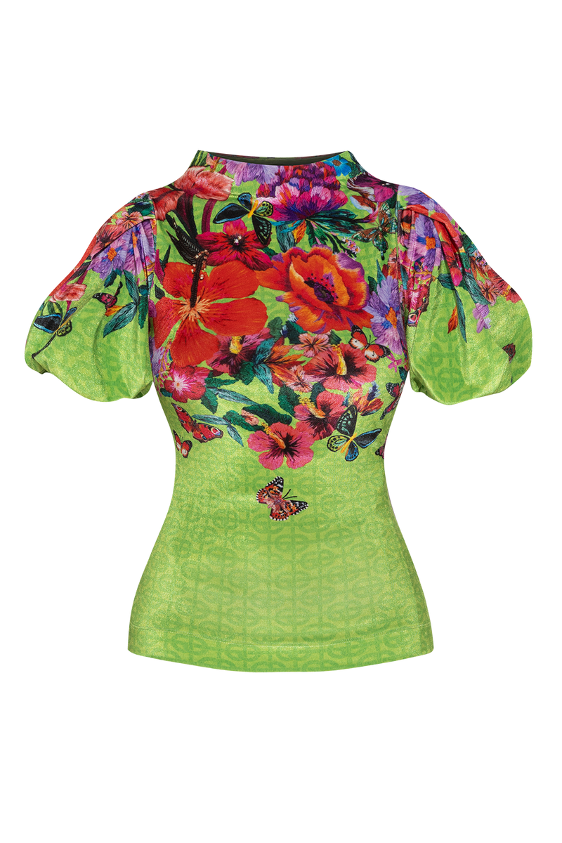 VELVET BLOUSE WITH HIGH NECK AND PUFF SLEEVES - ACID GREEN LOGO JIORO БЛУЗА ОТ ПЛЮШ С ВИСОКА ЯКА И БУФАН РЪКАВИ - ACID GREEN LOGO JIORO