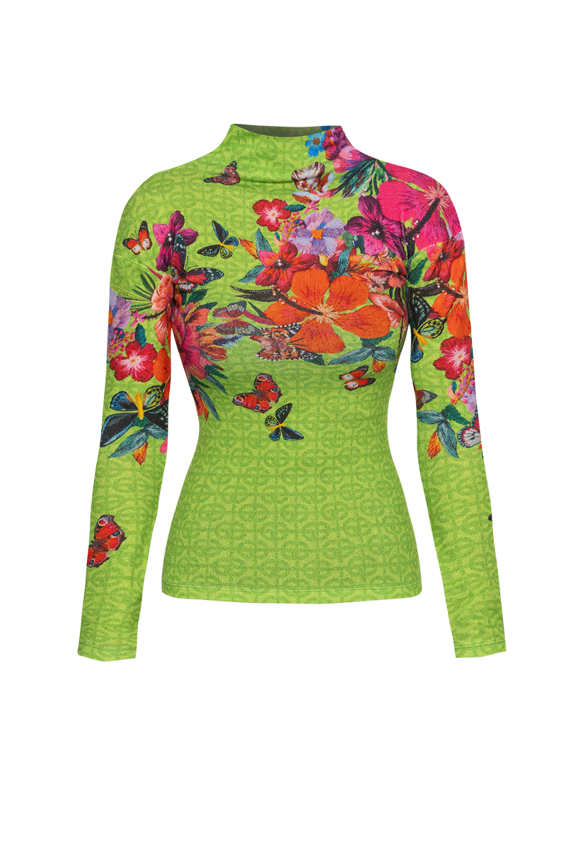 KNITTED TURTLENECK BLOUSE WITH HIGH NECK - ACID GREEN LOGO JIORO  ПОЛО БЛУЗА ОТ ПЛЕТИВО С ВИСОКА ЯКА – ACID GREEN LOGO JIORO