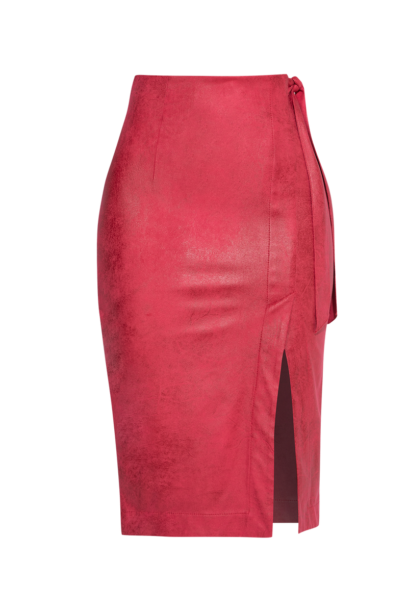 SUEDE-EFFECT CYCLAMEN WRAP SKIRT - ESSENTIALS JIORO АСИМЕТРИЧНА ПОЛА ОТ МАТЕРИЯ С ВЕЛУРЕН ЕФЕКТ В ЦВЯТ ЦИКЛАМА – ESSENTIALS JIORO