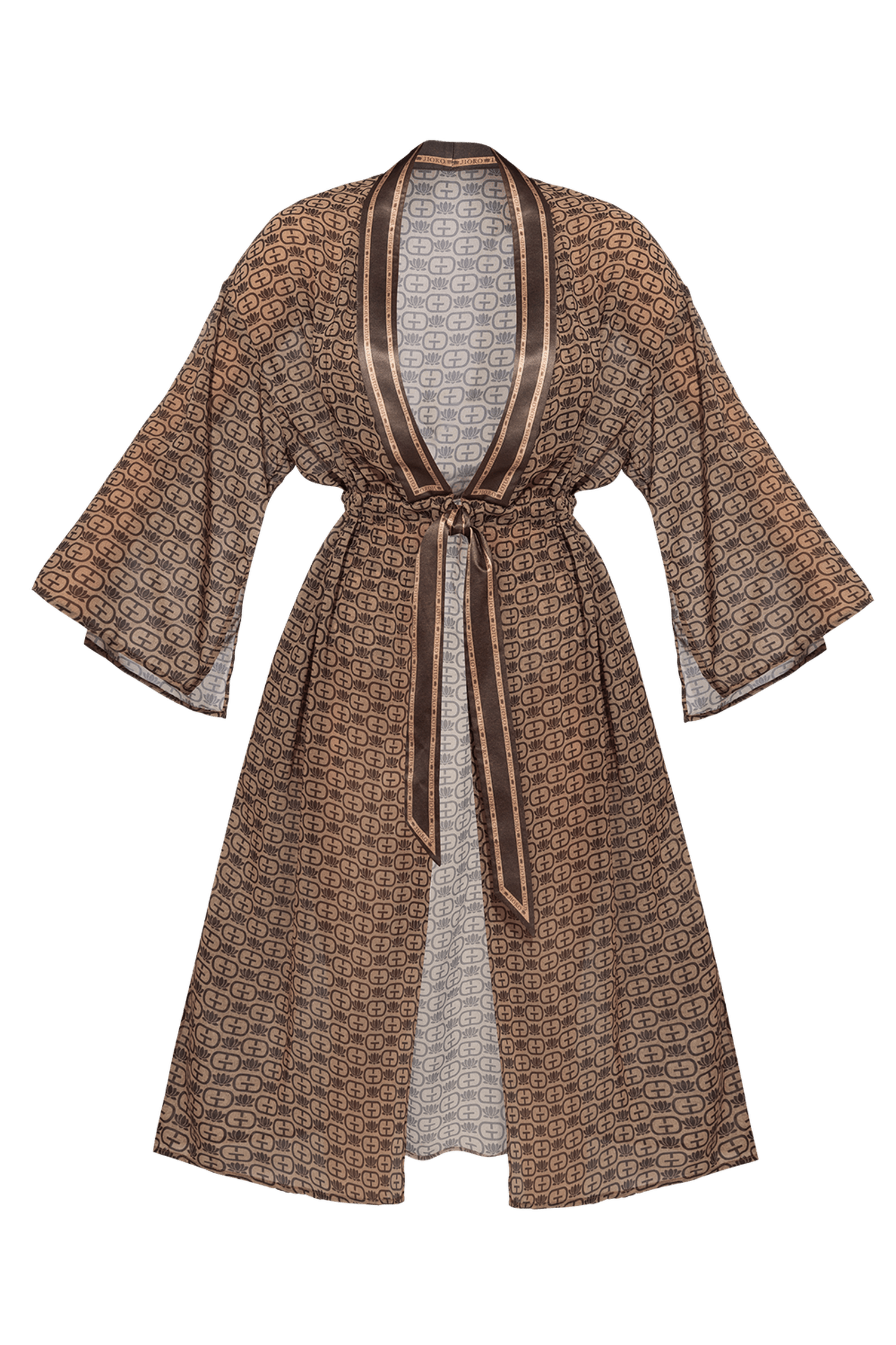 KIMONO WITH PLASTRON AND INTEGRATED BELT IN FRENCH CHIFFON - MOCHA MOUSSE LOGO