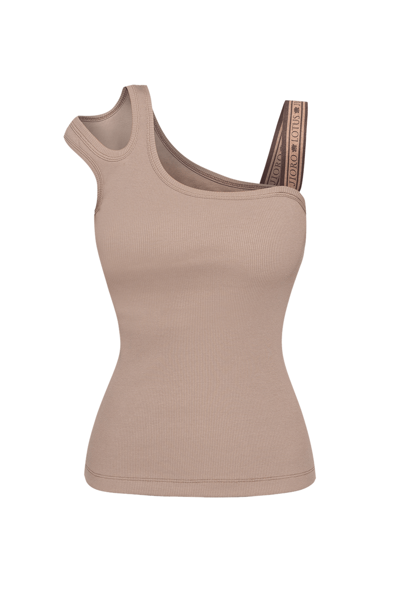 ASYMMETRICAL RIBBED TANK TOP IN BEIGE WITH ELASTIC STRAP MOCHA MOUSSE LOGO - ESSENTIALS JIORO АСИМЕТРИЧЕН РИПСЕН ТОП В БЕЖОВО С ЛАСТИЧНА ПРЕЗРАМКА MOCHA MOUSSE LOGO - ESSENTIALS JIORO