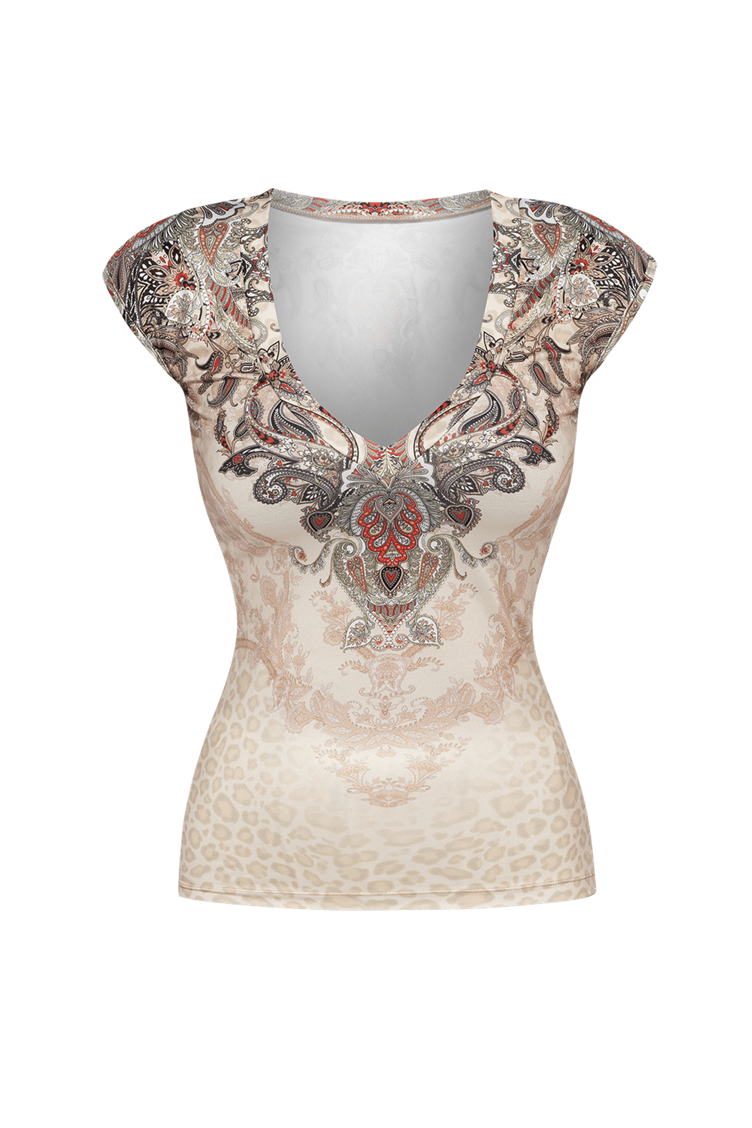 BASIC BLOUSE WITH V-NECKLINE - PAISLEY BEIGE
