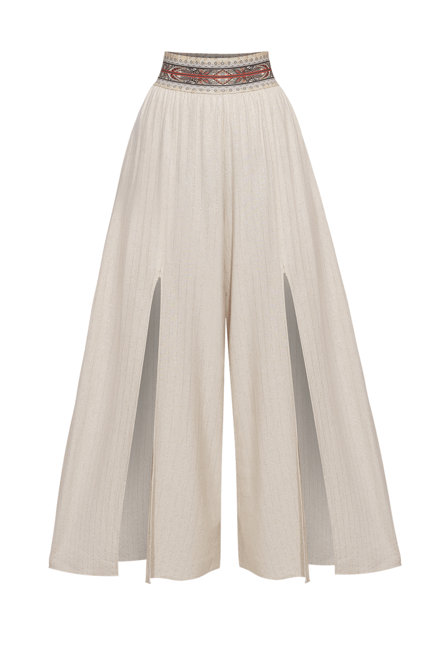 HIGH-WAISTED  VISCOSE-LINEN PANTS WITH SLITS IN ECRU STRIPED - ESSENTIALS