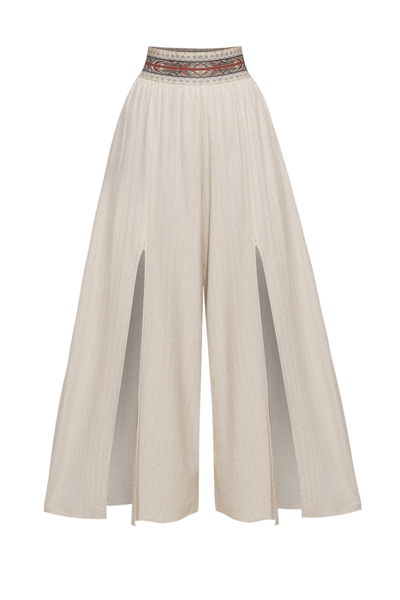 HIGH-WAISTED VISCOSE-LINEN PANTS WITH SLITS IN ECRU STRIPED - ESSENTIALS