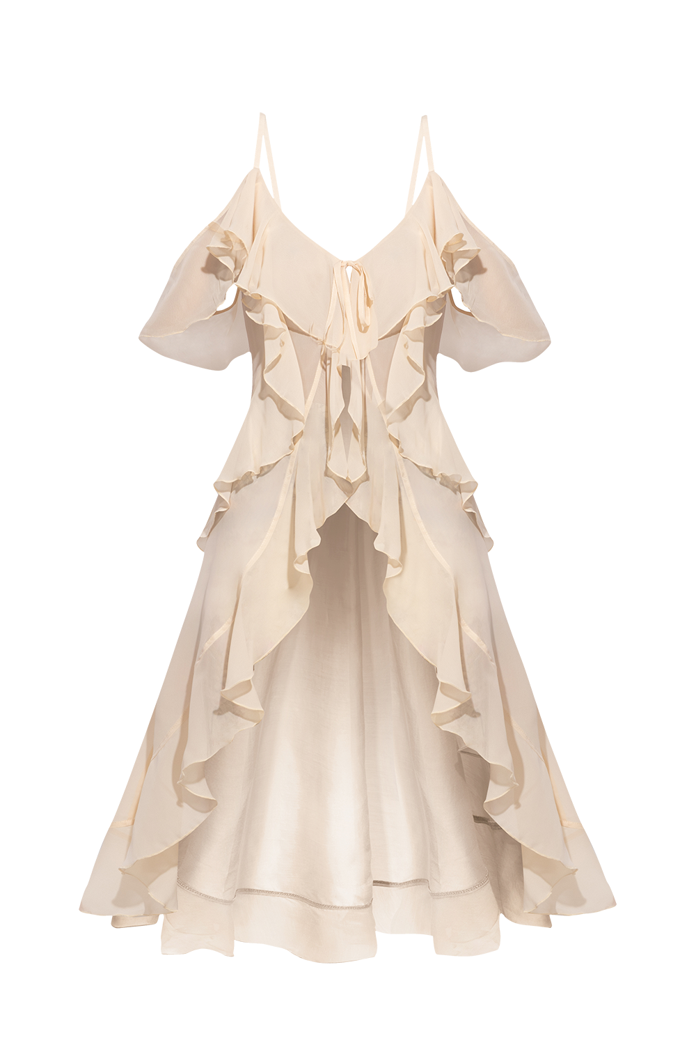 LONG RUFFLED CHIFFON TUNIC IN BEIGE - ESSENTIALS