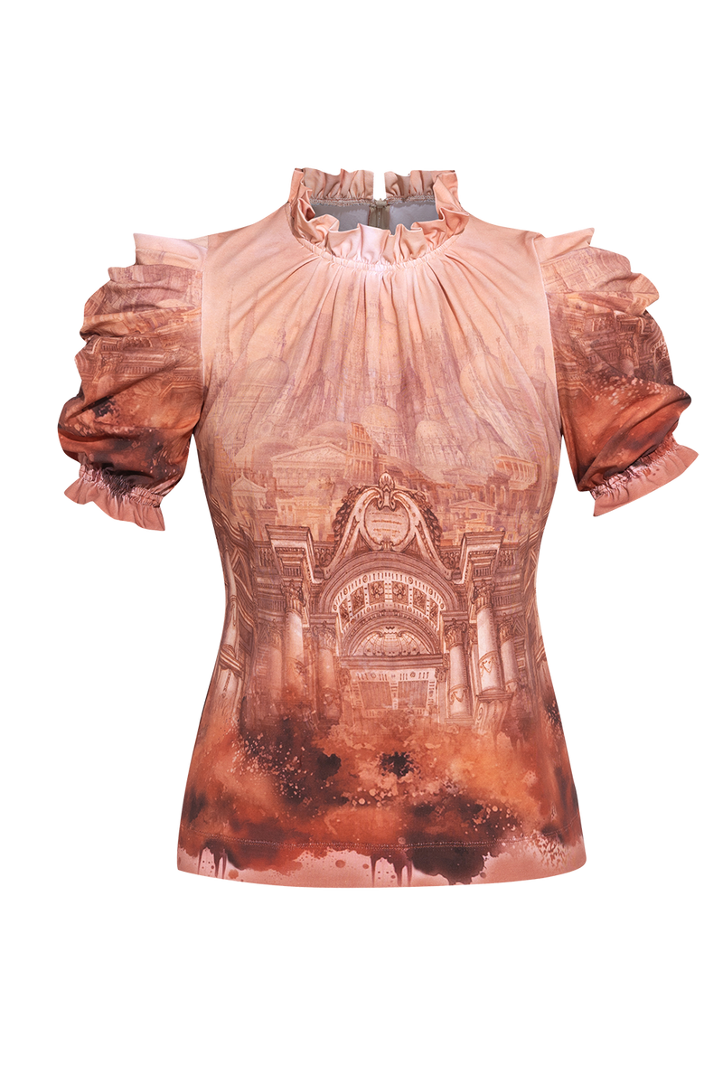 JERSEY COTTON BLOUSE WITH RUFFLED STAND COLLAR AND PUFF SLEEVES - ANCIENT TOWN