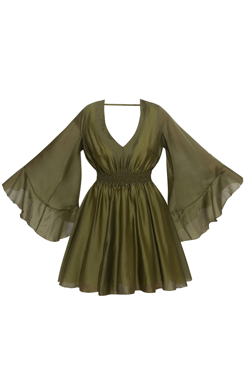 КЪСА РОКЛЯ ОТ ЛИОЦЕЛ С ШИРОК РЪКАВ В ЗЕЛЕНО - ESSENTIALS