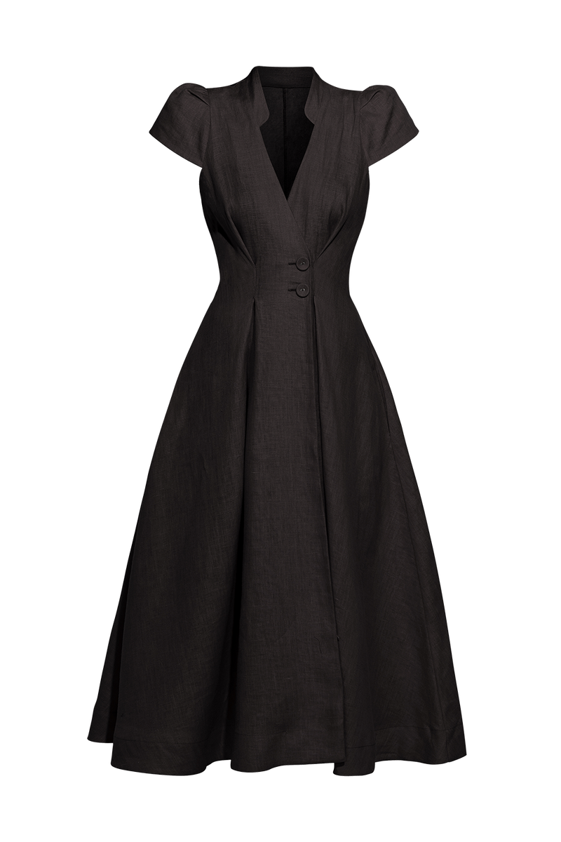 LONG FLARED LINEN DRESS IN BLACK - ESSENTIALS