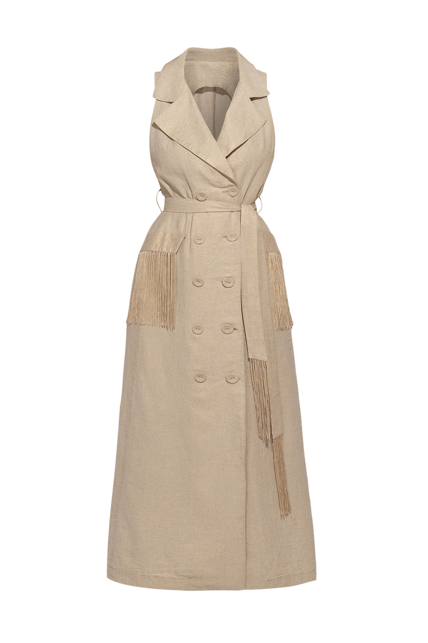 LINEN SLEEVELESS TRENCH MIDI DRESS WITH FRINGES - ESSENTIALS