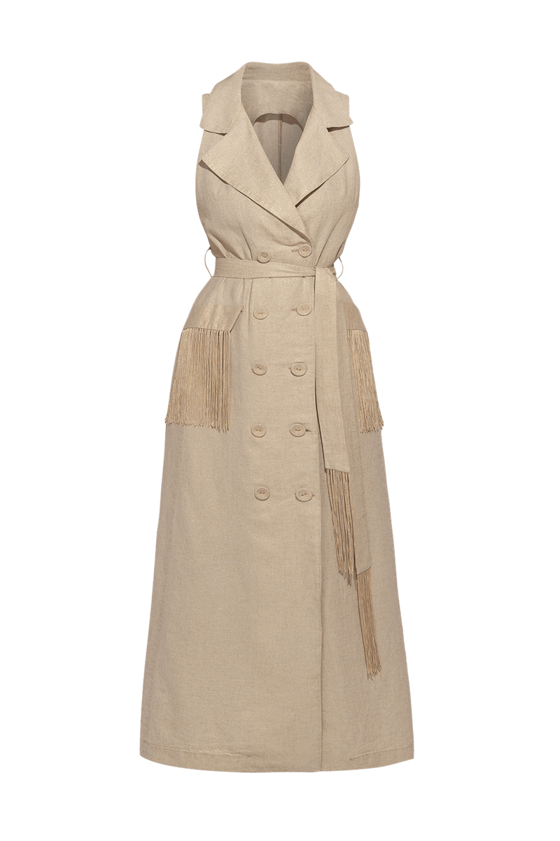 LINEN SLEEVELESS TRENCH MIDI DRESS WITH FRINGES - ESSENTIALS JIORO ДЪЛГА РОКЛЯ ОТ ЗЛАТИСТ ЛЕН С РЕСНИ - ESSENTIALS JIORO