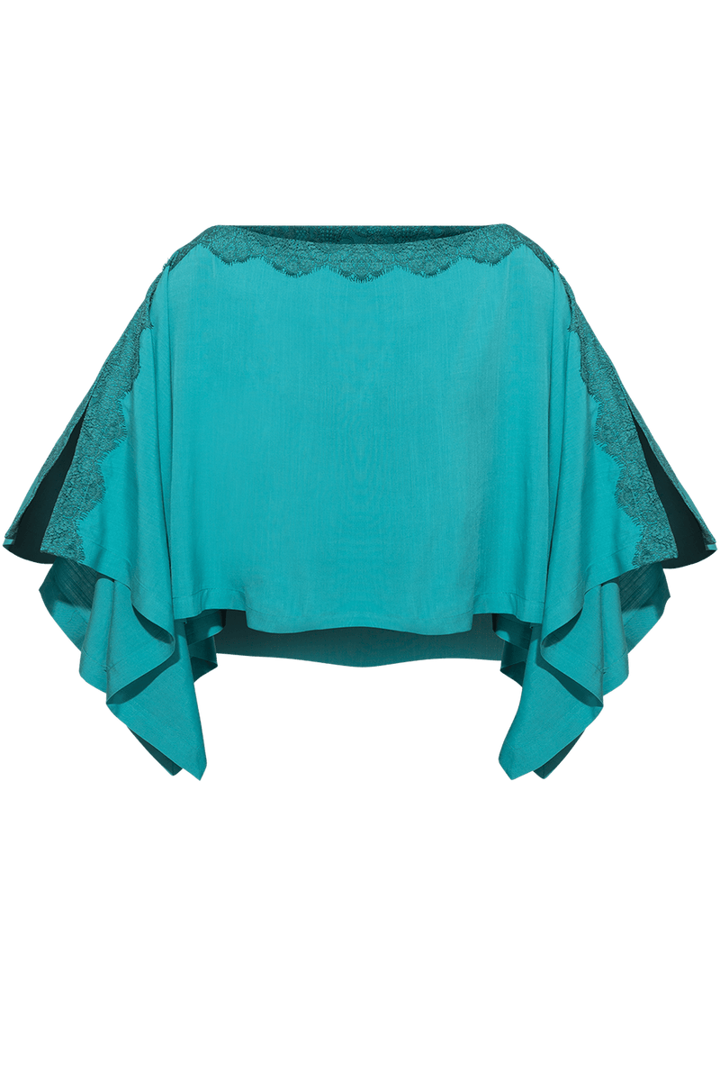 RELAXED VISCOSE TUNIC WITH SIDE SLITS AND LACE IN TURQUOISE - ESSENTIALS JIORO ТУНИКА С ЦЕПКИ И ДЕКОРАЦИЯ ОТ ДАНТЕЛА В ЦВЯТ ТЮРКОАЗ - ESSENTIALS JIORO