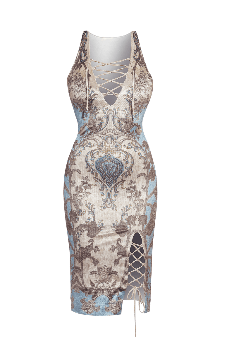 FITTED RIBBED VELVET DRESS WITH V-NECKLINE - PAISLEY SKY