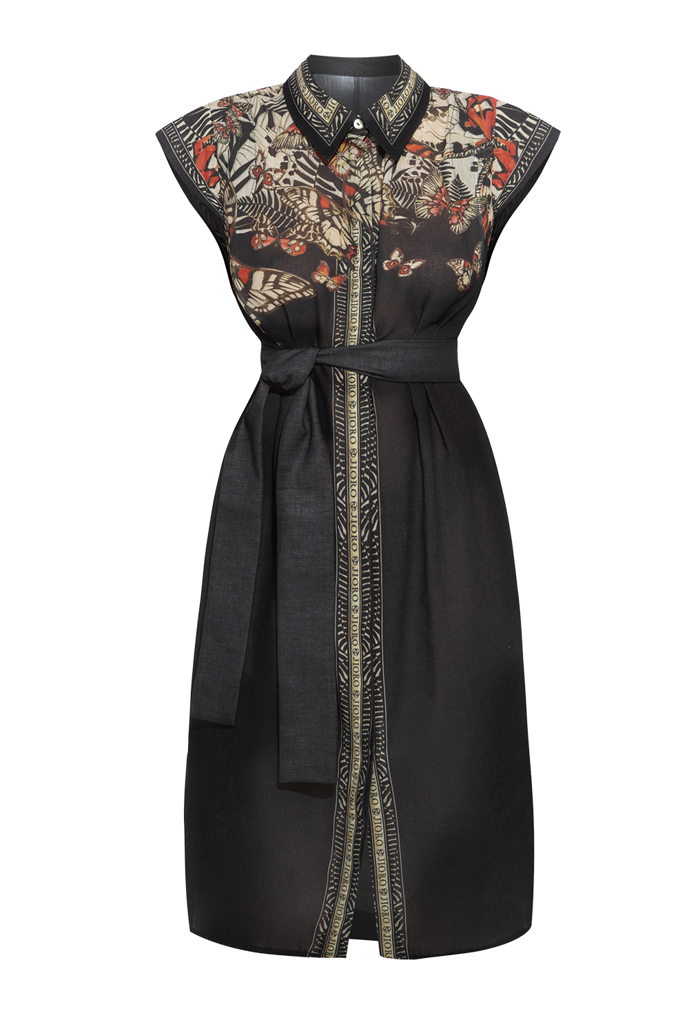 POPLIN SHIRT DRESS WITH OVAL HEM AND DRAPED WAIST - MIDNIGHT BUTTERFLIES JIORO РОКЛЯ ТИП РИЗА ОТ ПОПЛИН С ОВАЛЕН ПОДГЪВ И ДРАПИРАНА ТАЛИЯ - MIDNIGHT BUTTERFLIES JIORO