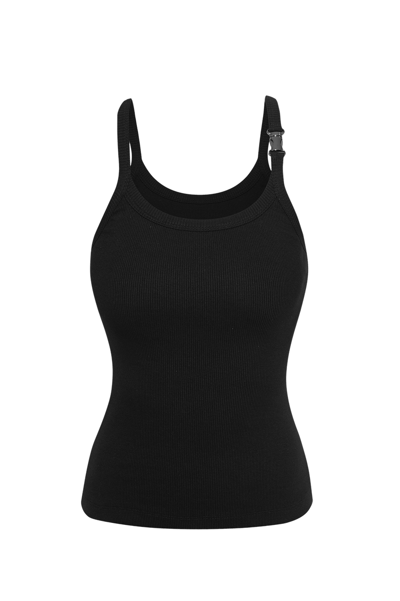 COTTON RIBBED CAMI TOP WITH THIN STRAPS IN BLACK - ESSENTIALS JIORO ТОП С ТЪНКИ ПРЕЗРАМКИ ОТ ПАМУЧЕН РИПС В ЧЕРНО – ESSENTIALS JIORO