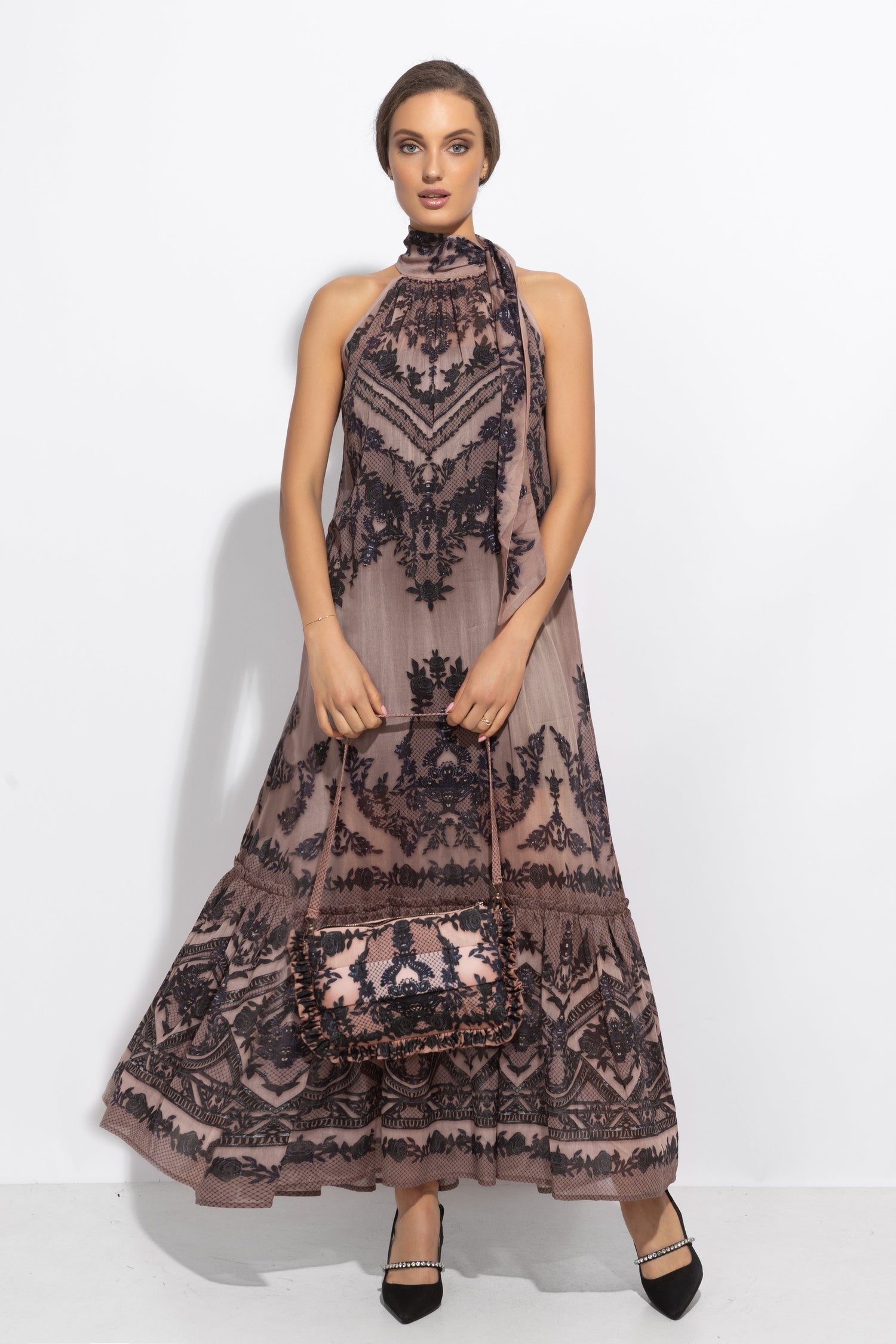 SILK VISCOSE LONG DRESS - GRAFFITI POWDER