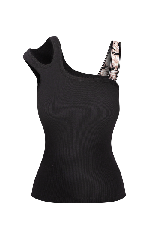 ASYMMETRICAL RIBBED TANK TOP IN BLACK WITH ELASTIC STRAP BAROQUE PEARL - ESSENTIALS JIORO АСИМЕТРИЧЕН РИПСЕН ТОП В ЧЕРНО С ЛАСТИЧНА ПРЕЗРАМКА BAROQUE PEARL - ESSENTIALS JIORO