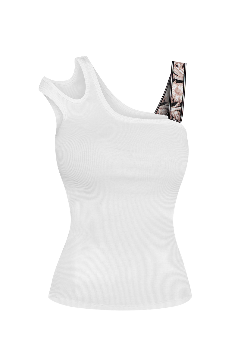 ASYMMETRICAL RIBBED TANK TOP IN WHITE WITH ELASTIC STRAP BAROQUE PEARL - ESSENTIALS