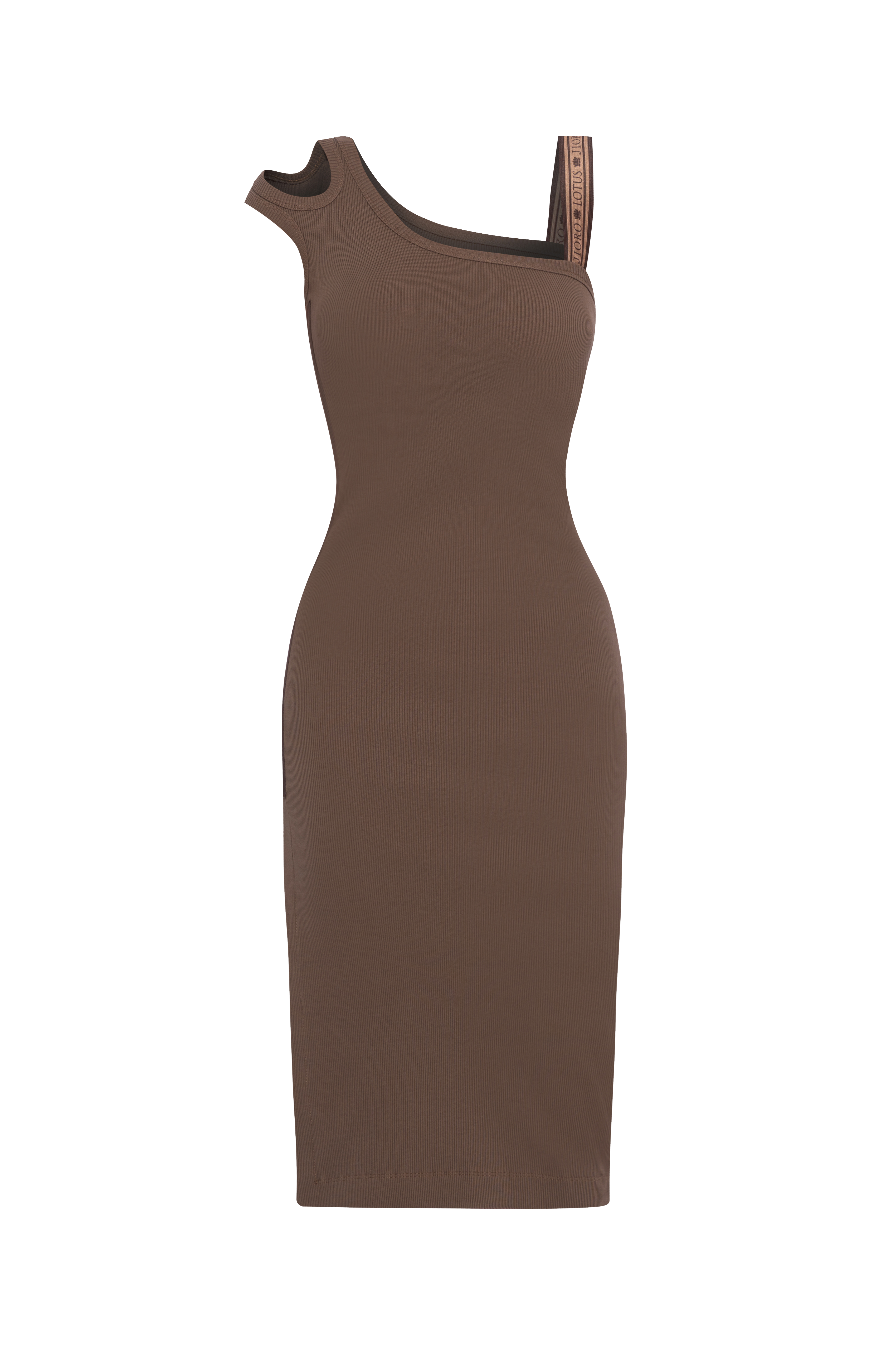 COTTON MIDI DRESS WITH ASYMMETRICAL SHOULDERS - MOCHA MOUSSE LOGO