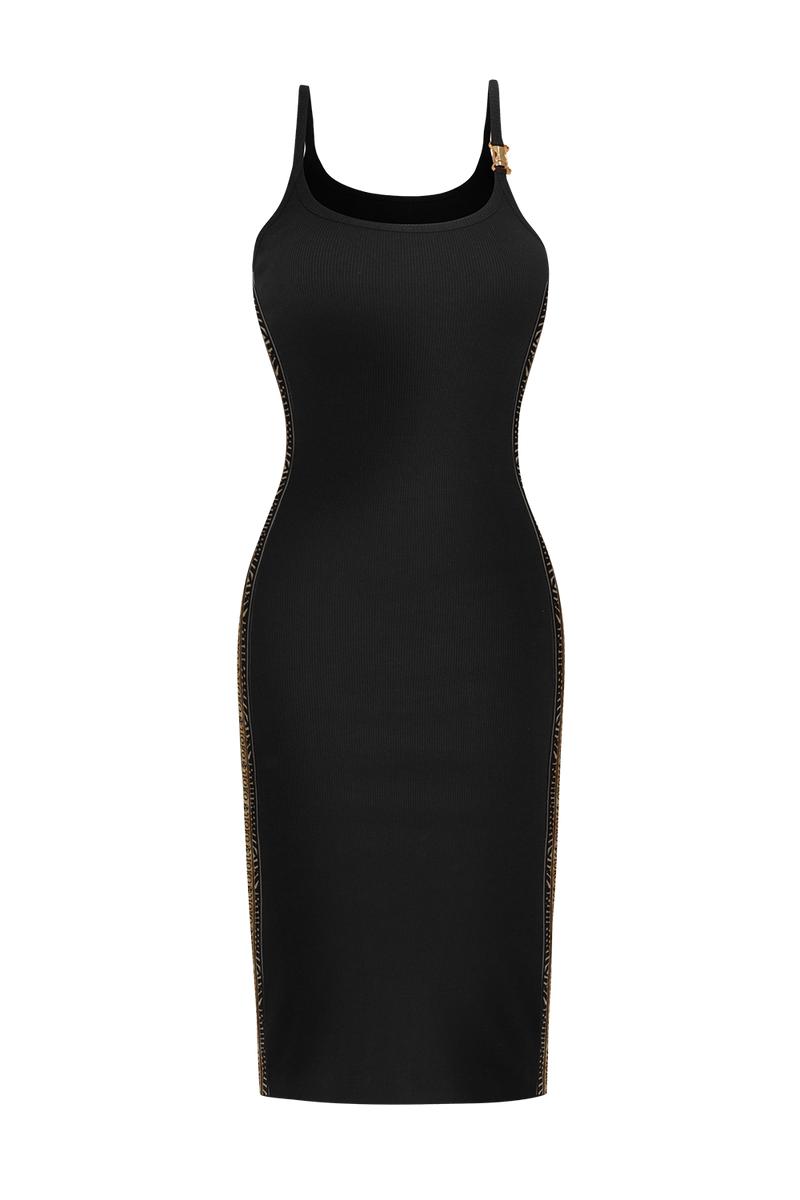 COTTON RIBBED DRESS WITH SHOULDER CLOSURE AND SIDE ELASTIC IN BLACK - ESSENTIALS JIORO РОКЛЯ ОТ ЧЕРЕН ПАМУЧЕН РИПС С ДЕКОРАТИВНА КАТАРАМА - ESSENTIALS JIORO