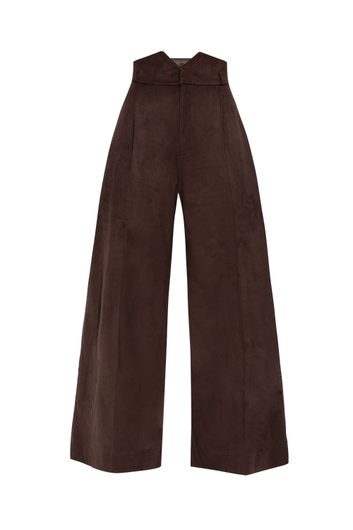 HIGH-WAISTED WIDE-LEG PANTS IN SUEDE-EFFECT DARK BROWN - ESSENTIALS JIORO ПАНТАЛОН С ВИСОКА ТАЛИЯ И ШИРОКИ КРАЧОЛИ С ЕФЕКТ НА ВЕЛУР В КАФЯВО - ESSENTIALS JIORO