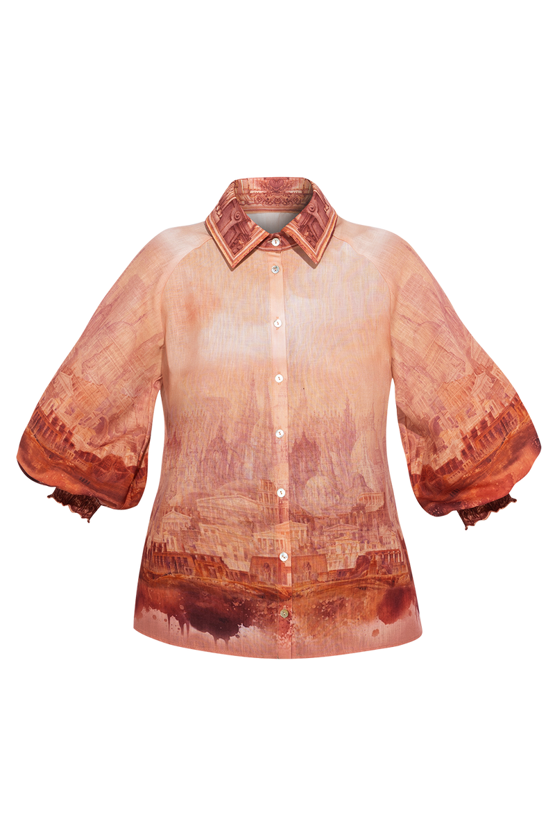 3/4-SLEEVE SHIRT WITH ELASTIC HEM AND SHELL BUTTON PLASTRON - ANCIENT TOWN