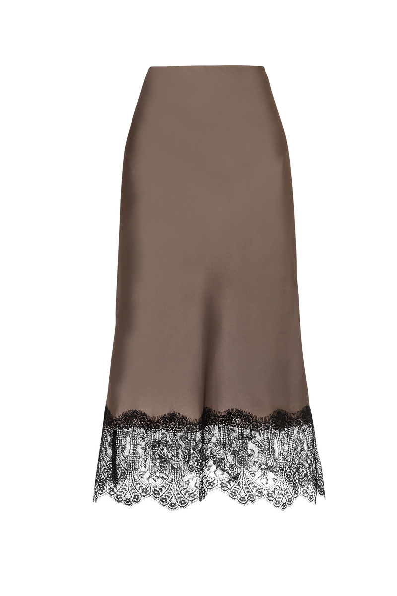 BIAS-CUT SATIN SKIRT WITH LACE AND ELASTIC WAISTBAND IN FANGO - ESSENTIALS