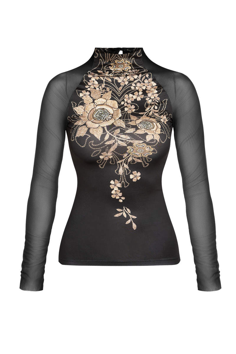 TOP WITH TRANSPARENT SLEEVES - GOLDEN ROSES