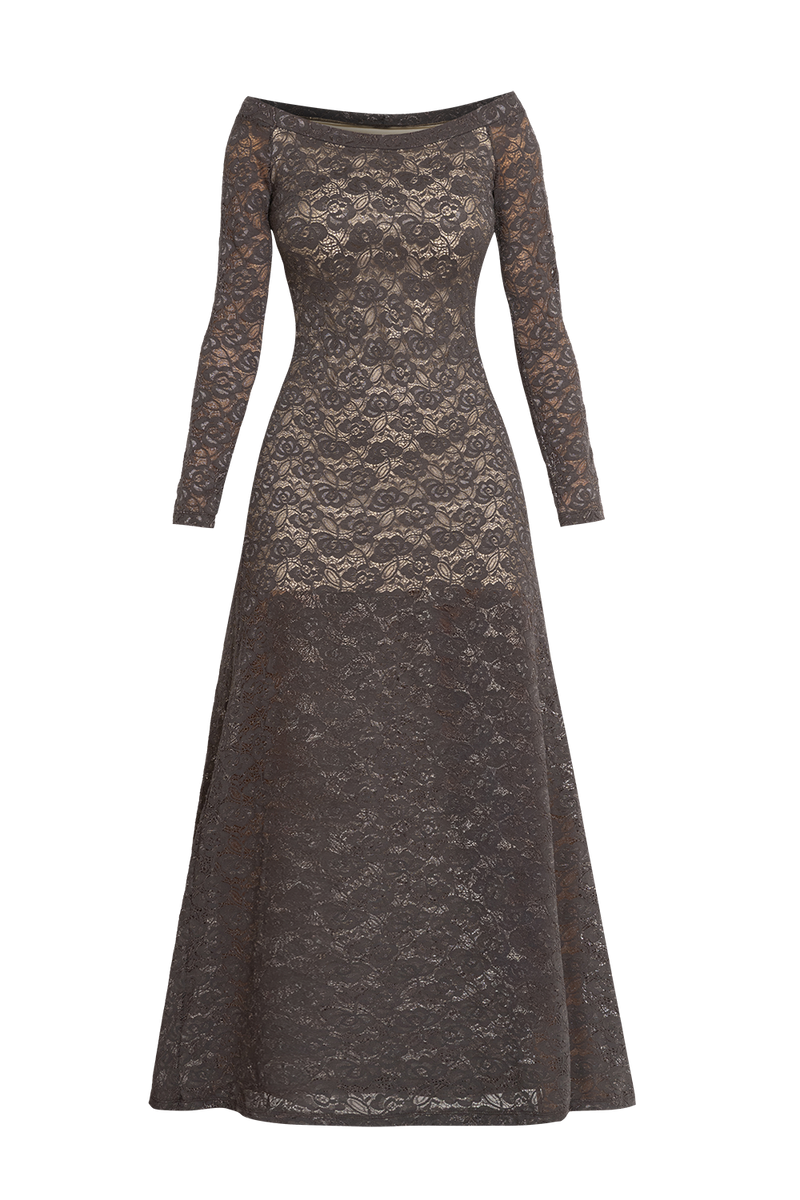 LONG A-LINE LACE DRESS WITH BOAT NECKLINE IN MOCHA - ESSENTIALS JIORO ДЪЛГА ДАНТЕЛЕНА РОКЛЯ В МОКА - ESSENTIALS JIORO