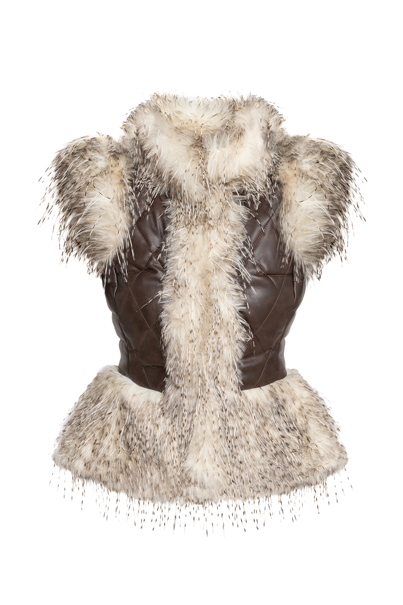 LEATHER-EFFECT GILET WITH OWL FUR TEXTURE - ESSENTIALS JIORO ЕЛЕК С ЕФЕКТ НА КОЖА И ИМИТАЦИЯ НА КОСЪМ С ОКРАСКА СОВА - ESSENTIALS JIORO