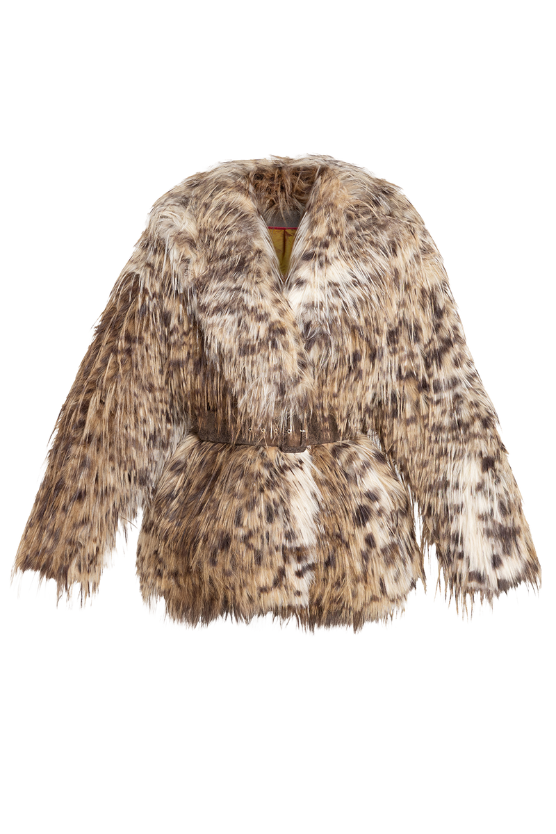 OVERSIZED FAUX FUR COAT WITH LARGE SHAWL COLLAR IN SERVAL PRINT AND BELT - ESSENTIALS JIORO ОВЪРСАЙЗ ПАЛТО ОТ ИЗКУСТВЕН КОСЪМ С ШАРКА СЕРВАЛ С ГОЛЯМА ШАЛ-ЯКА И КОЛАН - ESSENTIALS JIORO