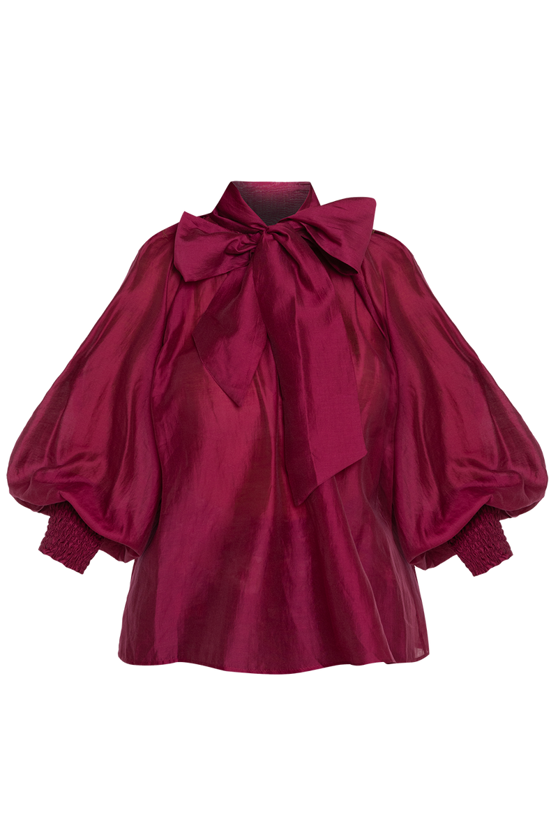 BOHEMIAN BURGUNDY BLOUSE WITH PUFF SLEEVES AND TIE-FRONT COLLAR - ESSENTIALS JIORO