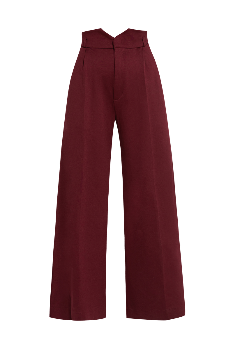 VISCOSE BLEND HIGH-WAISTED BURGUNDY TROUSERS - ESSENTIALS