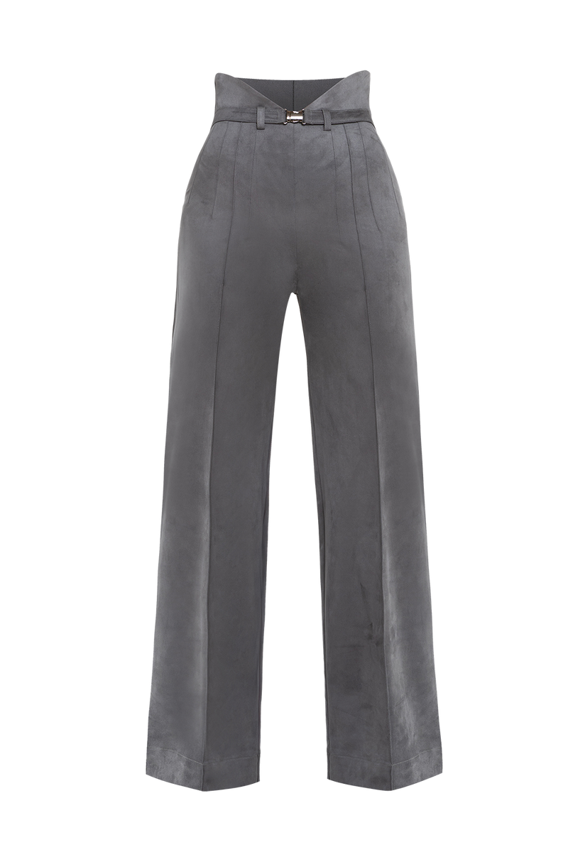 HIGH WAIST WIDE LEG PANTS IN GREY SUEDE - ESSENTIALS JIORO ПАНТАЛОН С ВИСОКА ТАЛИЯ И ШИРОК КРАЧОЛ ОТ СИВ ВЕЛУР - ESSENTIALS JIORO