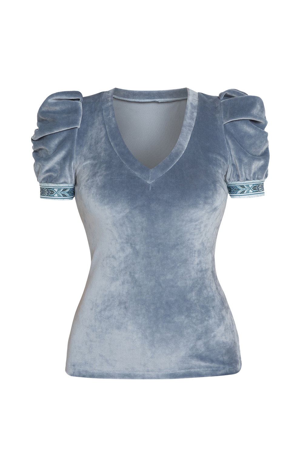 VELVET BLOUSE WITH PUFF SLEEVES AND V-NECKLINE IN STEEL GREY - ESSENTIALS JIORO БЛУЗА ОТ КАДИФЕ С НАБРАН КЪС РЪКАВ И V ДЕКОЛТЕ В СТОМАНЕНО СИВО - ESSENTIALS JIORO